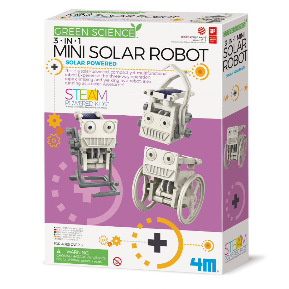 4M Green Science 3-in-1 Mini Solar Robot Kit - STEM Educational Toy for Kids - Build Solar Powered Robot, Windmill & Airboat - Perfect for Science Projects & Outdoor Learning Activities