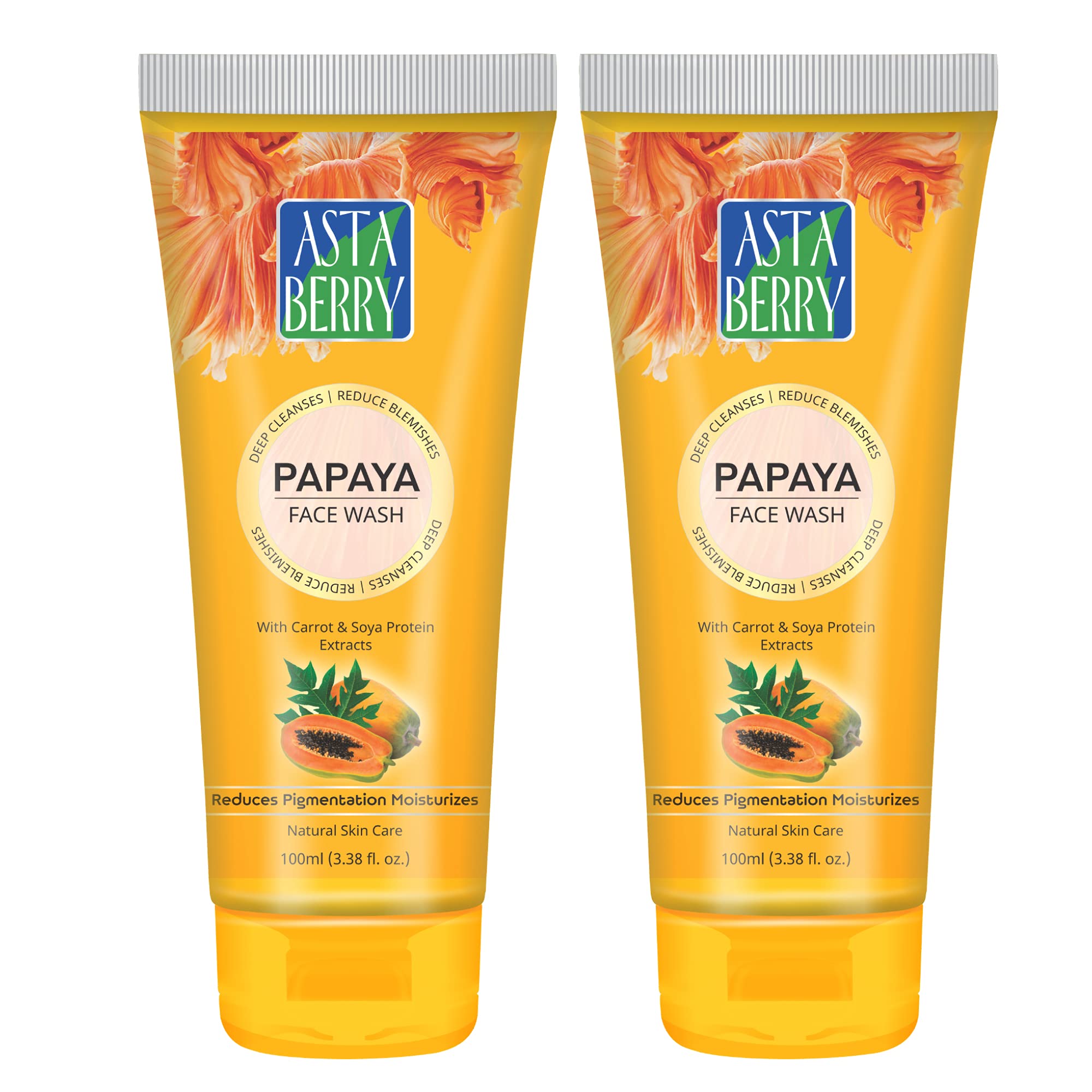 ASTABERRY Papaya Face Wash for Acne & Brightening - 100ml (Pack of 2) | Gentle Exfoliating Cleanser for Oily & Sensitive Skin | Daily Skincare Routine, Morning & Night Use