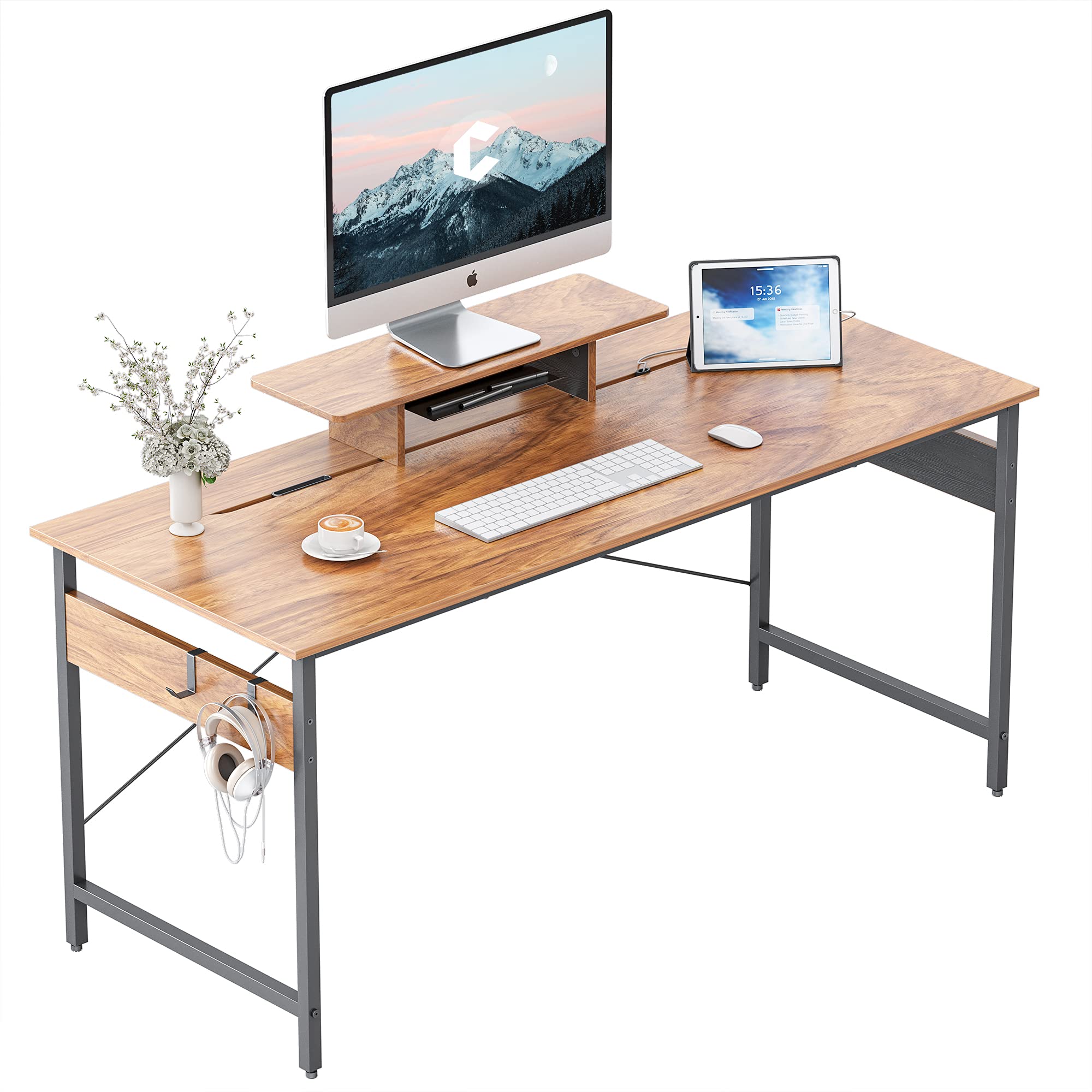 CubiCubi 55 Inch Large Computer Desk with Storage Shelf - Modern Home Office Desk with Phone Holder & Hooks, Brown - Perfect for Small Spaces, Gaming & Remote Work Setup