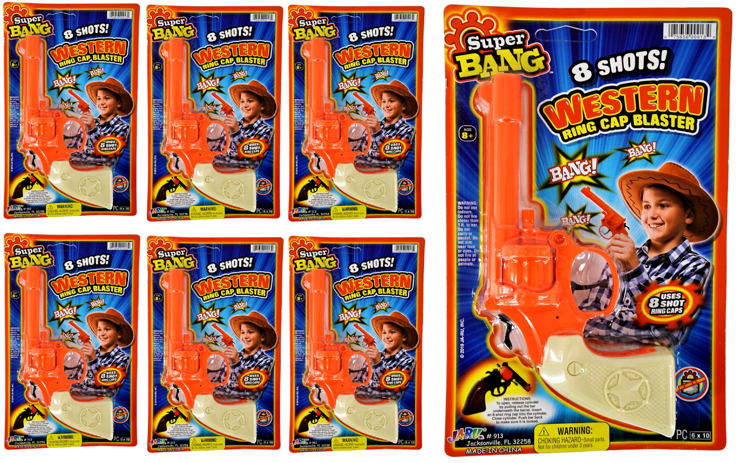 JA-RU 6-Piece Cap Gun Revolver Set with 8-Shot Ring Caps - Western Cowboy Toy Pistols for Kids, Outdoor Shooter Games & Pretend Play - Perfect for Cowboy Themed Parties, Backyard Adventures and Wild West Role Play (Model 913-6p)