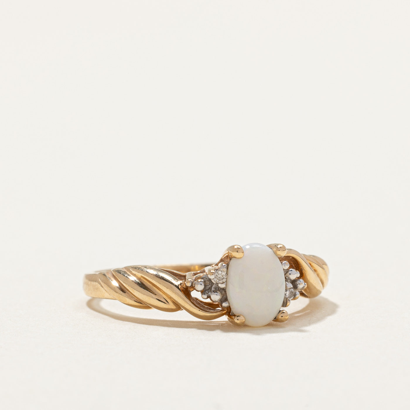 Opal and Diamond Twisted Ring - 0.40ct Opal with 0.01ctw Diamonds - Size 7.75 - Elegant Wedding, Anniversary or Gift Jewelry for Women
