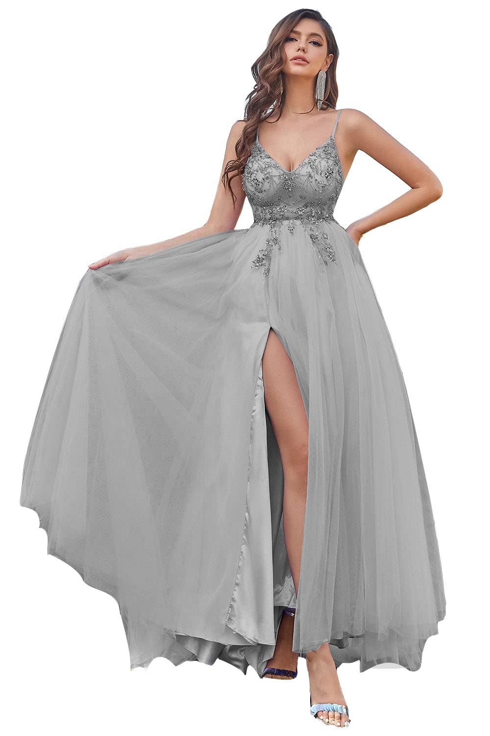 2022 Beaded Tulle Prom Dress - V Neck Sexy A-Line Evening Gown with High Slit | Perfect for Wedding, Bridal Party & Formal Events