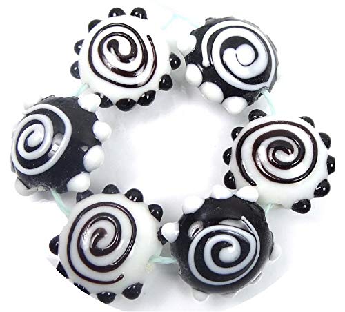 Handmade Lampwork Glass Black White Spiral Lentil Beads 20mm - Jewelry Making Supplies for DIY Bracelets, Necklaces & Crafts - Perfect for Boho, Hippie & Fashion Jewelry Designs