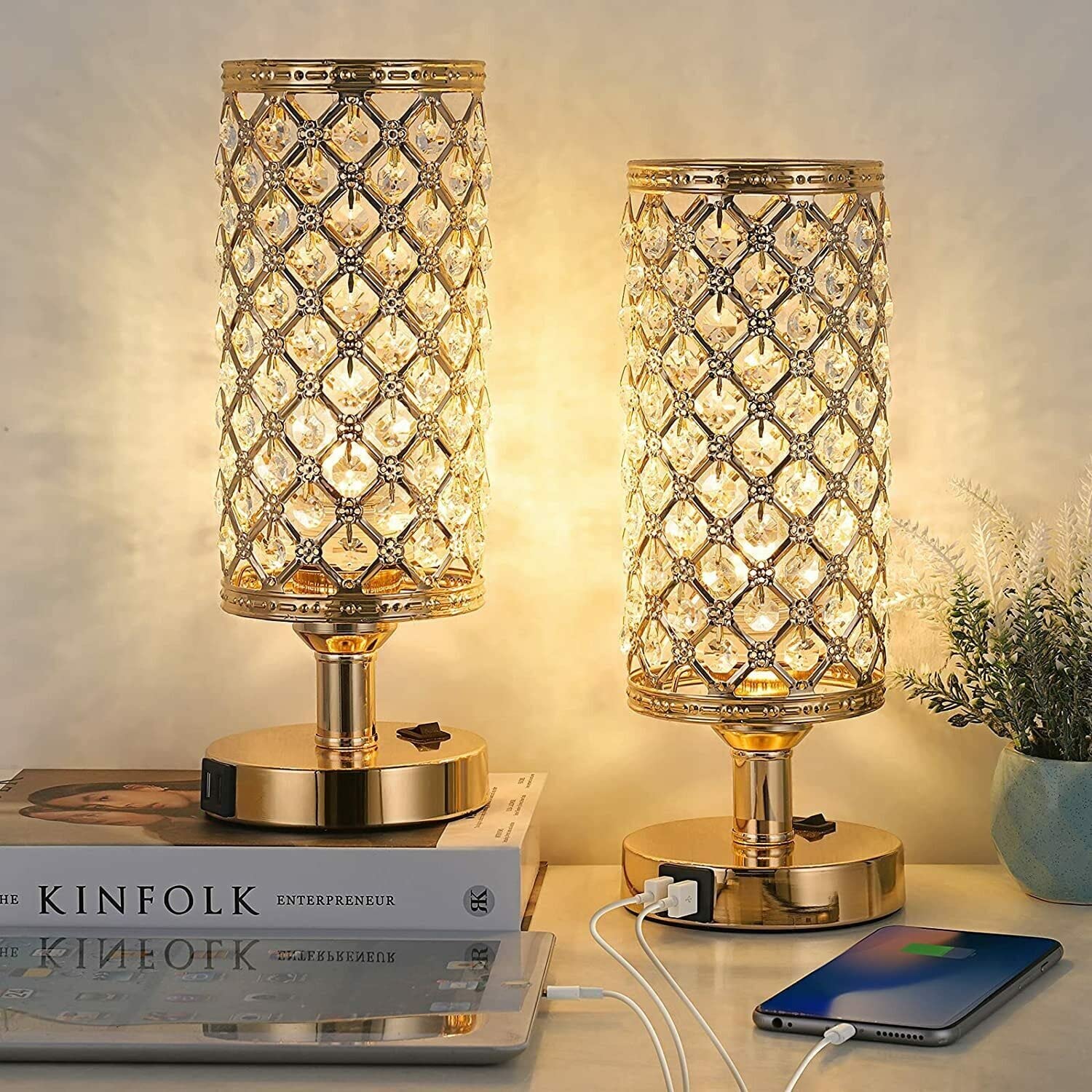 CLYZ Set of 2 Crystal Table Lamps with Dual USB Charging Ports - Modern Nightstand Lamps for Bedroom, Living Room & Office - Touch Control & Adjustable Brightness - Elegant Home Decor Lighting