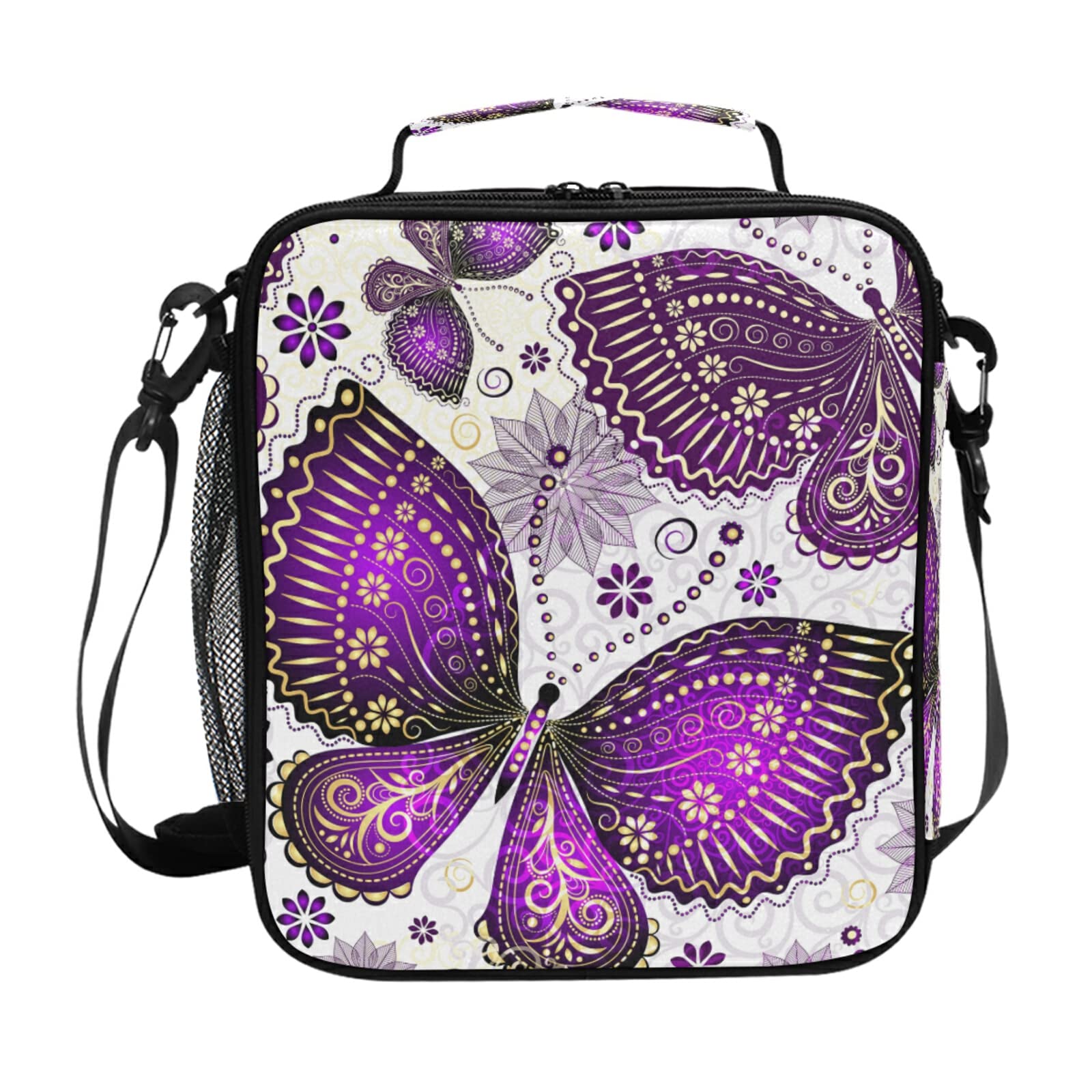 Purple Gold Butterfly Floral Insulated Lunch Bag with Adjustable Shoulder Strap - Leakproof Cooler for Work, School & Picnic | Portable Meal Organizer for Men & Women