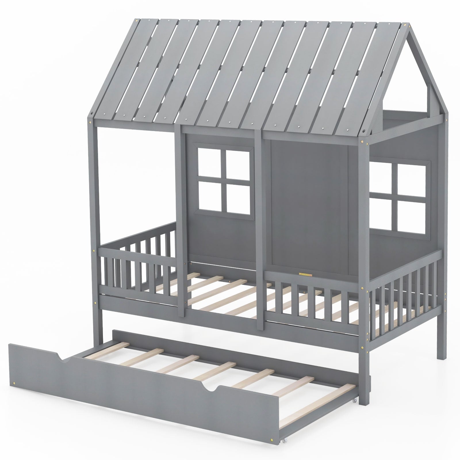 Twin Size House Bed Frame with Trundle - 82 Inch Tall Roof in Gray | Kids Bedroom Furniture for Playful Sleep Space