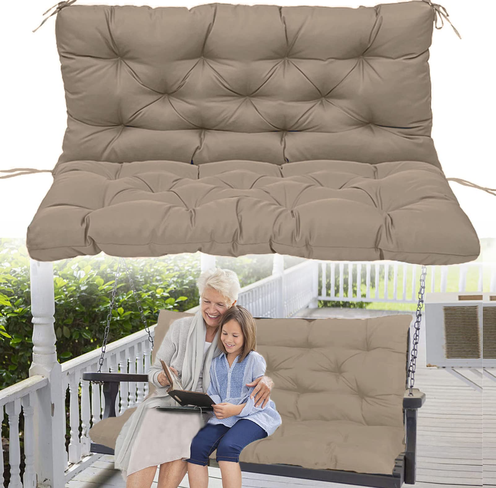 Waterproof Outdoor Swing Replacement Cushions with Backrest - 40x47 Inch Washable Bench Cushions for Patio, Garden & Loveseat (2-3 Seater, Khaki) - Perfect for Relaxing in Your Backyard or Poolside