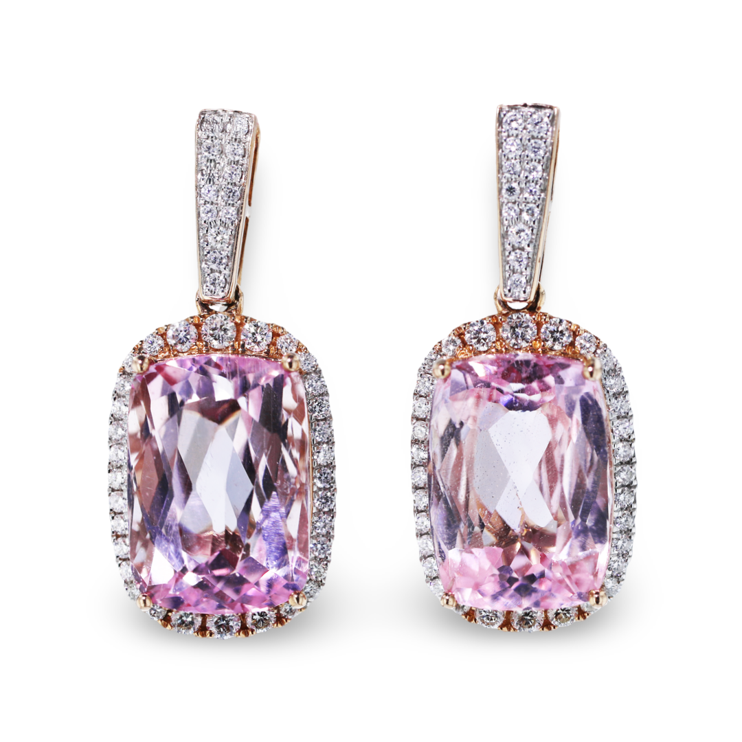 18.70 CTW Kunzite & .83 CTW Diamond Halo Drop Earrings for Women - Elegant Dangling Jewelry for Weddings, Parties & Special Occasions