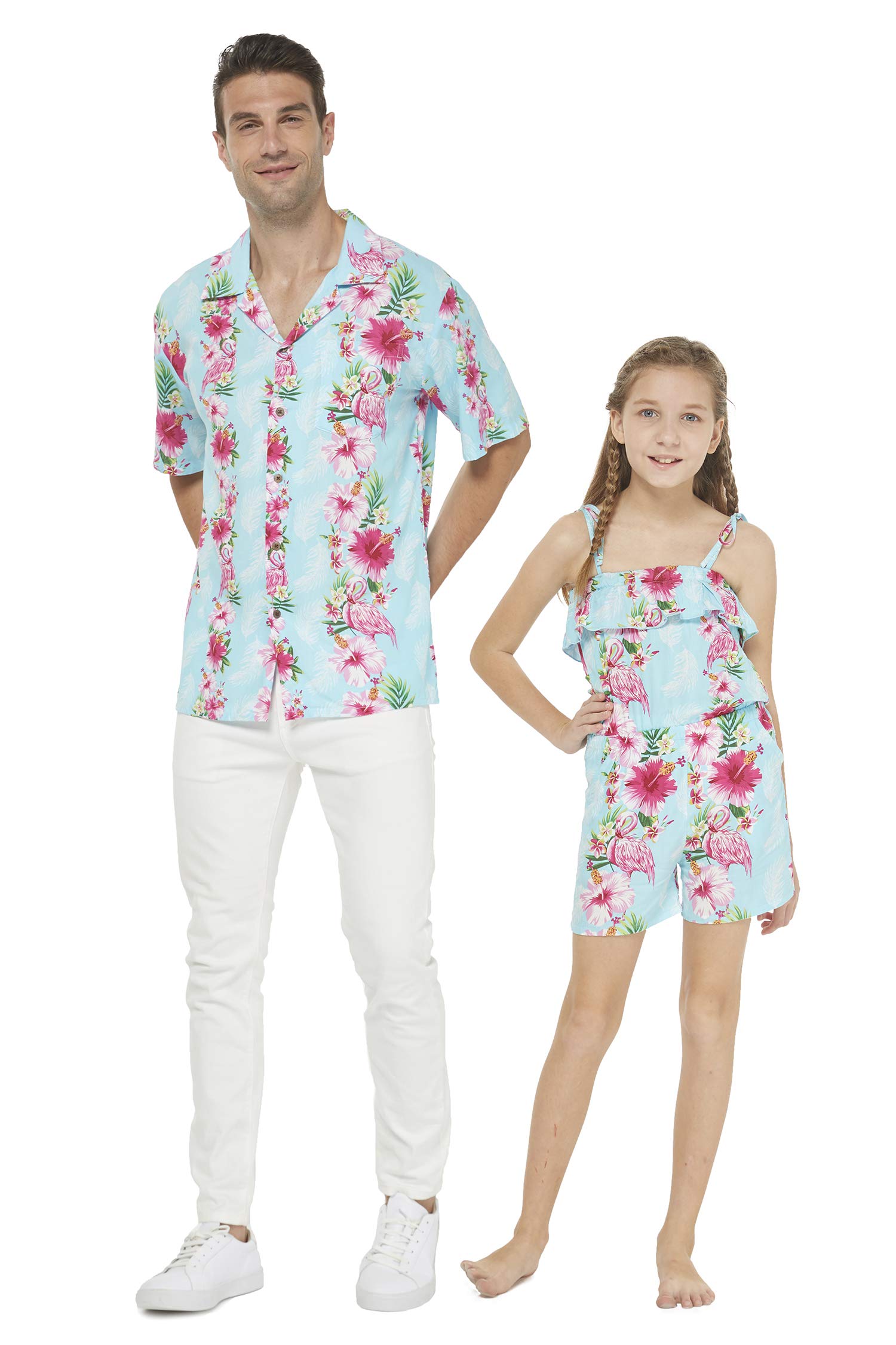 Matching Father Daughter Hawaiian Dance Shirts & Romper Set - Pink & White Hibiscus Vine Print - Tropical Luau Party Outfit for Family Dance Performance