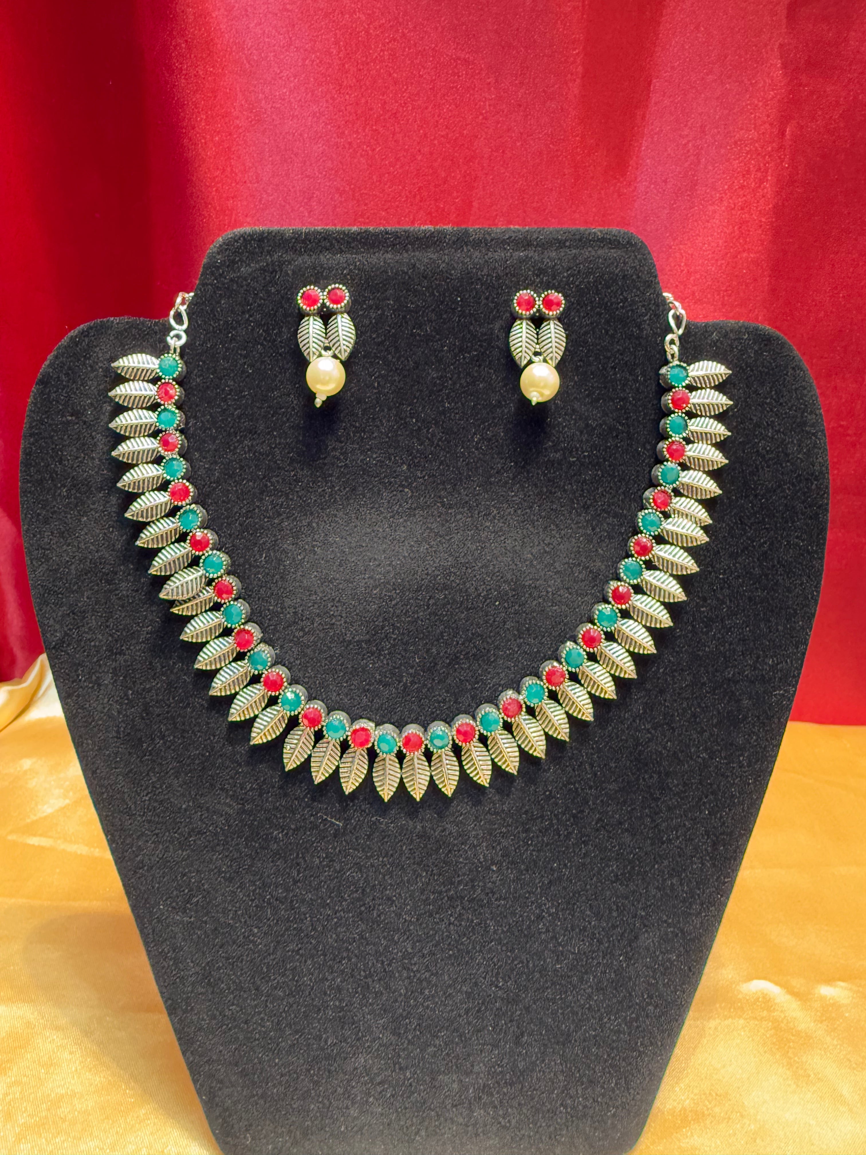 Elegant Multicolor Oxidized Leaf Shaped Necklace & Earrings Set - Perfect for Boho Fashion, Wedding Jewelry & Everyday Wear