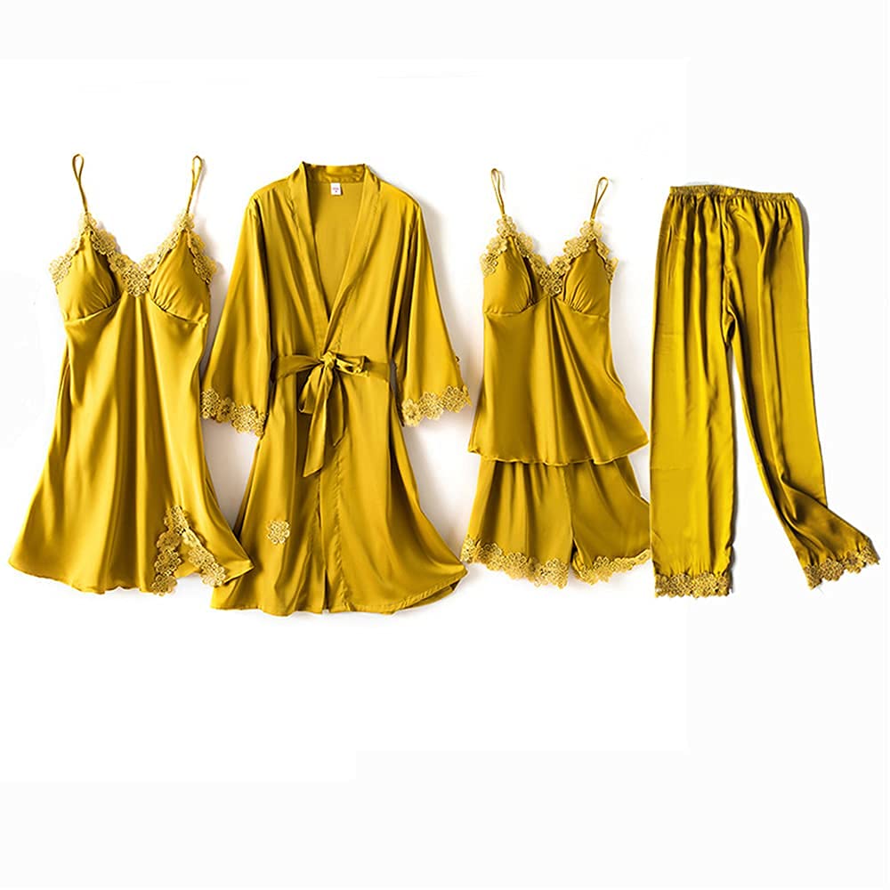 FMOGG Women's 5-Piece Silk Pajama Set - Soft Long Sleeve Nightwear with Suspenders & Chest Pads for Comfortable Sleep & Lounge Wear