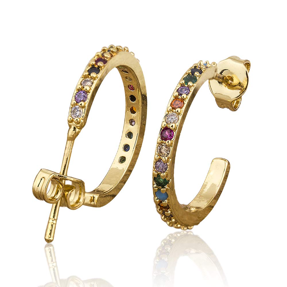 14K Gold Plated Cubic Zirconia Huggie Earrings for Women - Rainbow Crown Studs with Initial Charm, Hypoallergenic Copper Jewelry | Perfect for Parties, Weddings & Everyday Wear