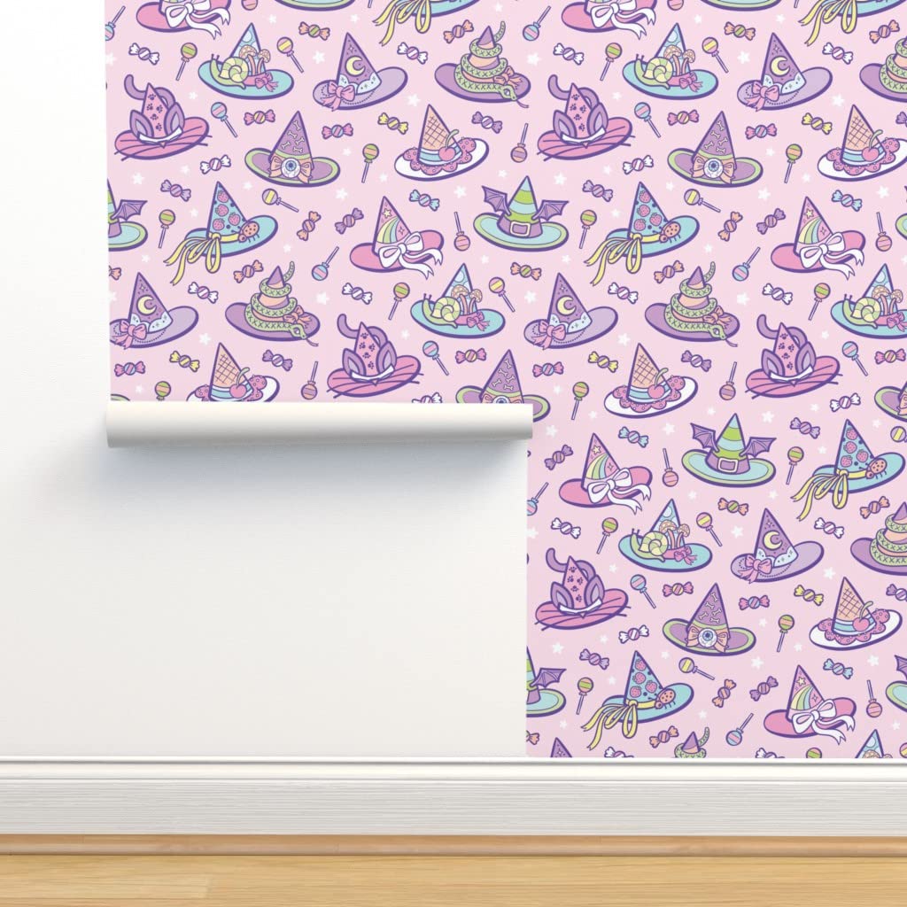 Premium Commercial Grade Wallpaper Roll - 27ft x 2ft Pastel Pink Hats Halloween Traditional Peel & Stick Wallpaper by Spoonflower | Perfect for Home Decor, Nursery, Bedroom, and Party Backdrops