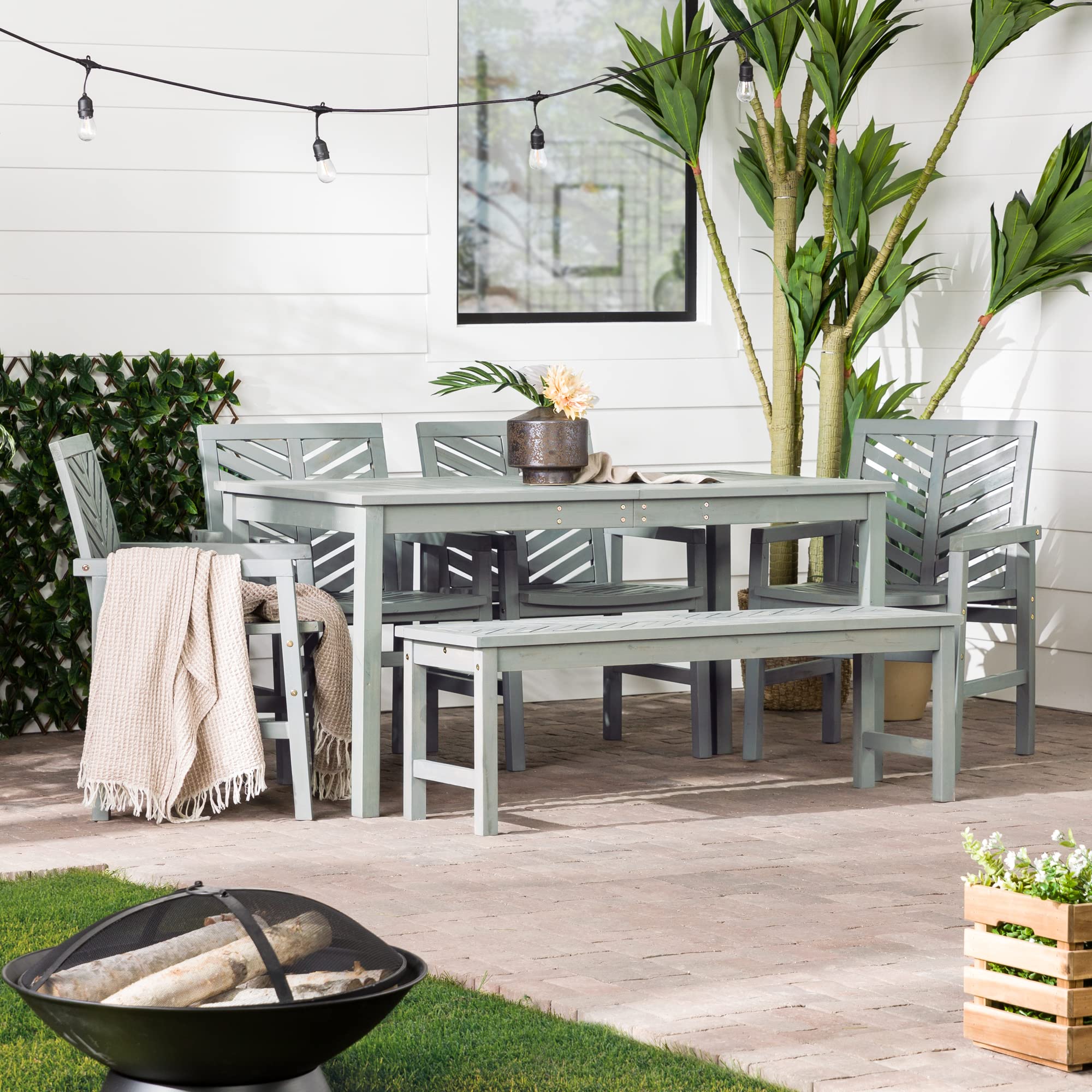 Walker Edison 7-Piece Outdoor Dining Set - All-Weather Wood Chevron Patio Table with 6 Chairs & Bench - Grey Backyard Furniture for Garden, Poolside, Balcony & Outdoor Entertaining