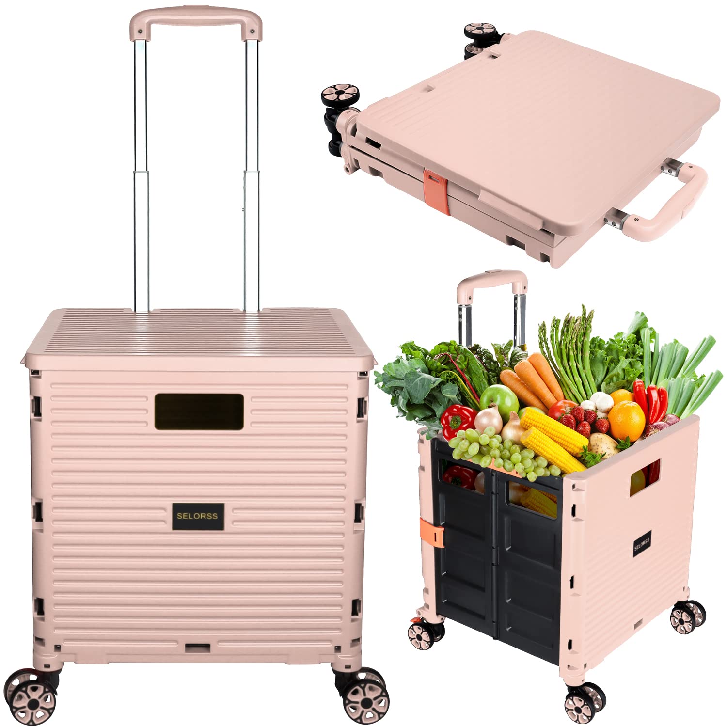Foldable Utility Cart with Wheels - Portable Collapsible Rolling Tote Basket with Lid, 360° Rotating Noiseless Wheels for Shopping, Storage & Office Use - Perfect for Teachers, Groceries, Warehouse & Home Organization