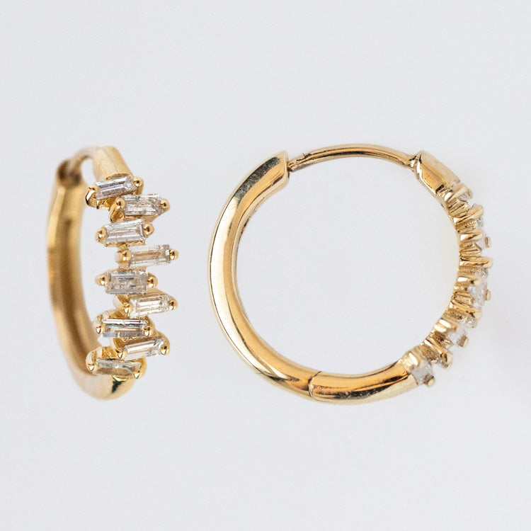 Solid Gold Diamond Baguette Huggie Hoop Earrings for Women - 14K Yellow Gold Minimalist Dainty Hoops - Perfect for Everyday Wear, Work & Special Occasions