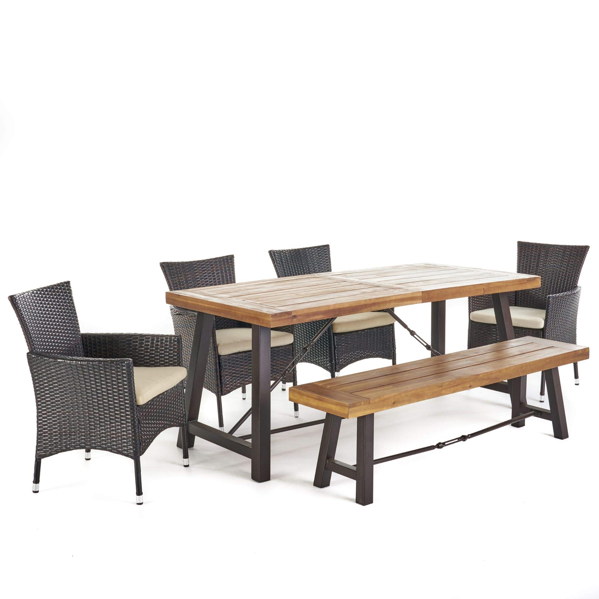 6-Piece Brown Teak Wood Outdoor Dining Set with Beige Cushions - Contemporary Patio Furniture for Garden, Backyard & Poolside Relaxation