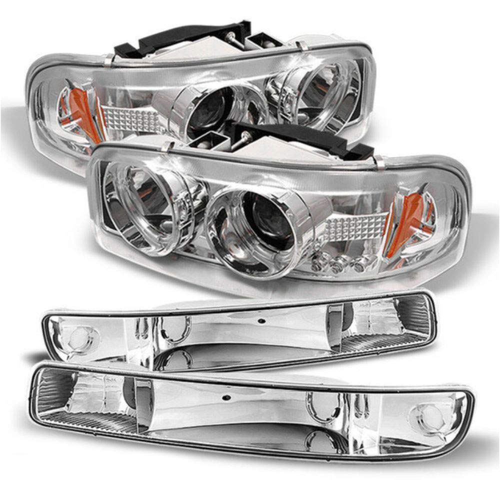 OIICMPX Chrome Halo LED Projector Headlights + Bumper Signal Lamps for 1999-2007 Models - Upgrade Your Vehicle's Style & Visibility for Night Driving