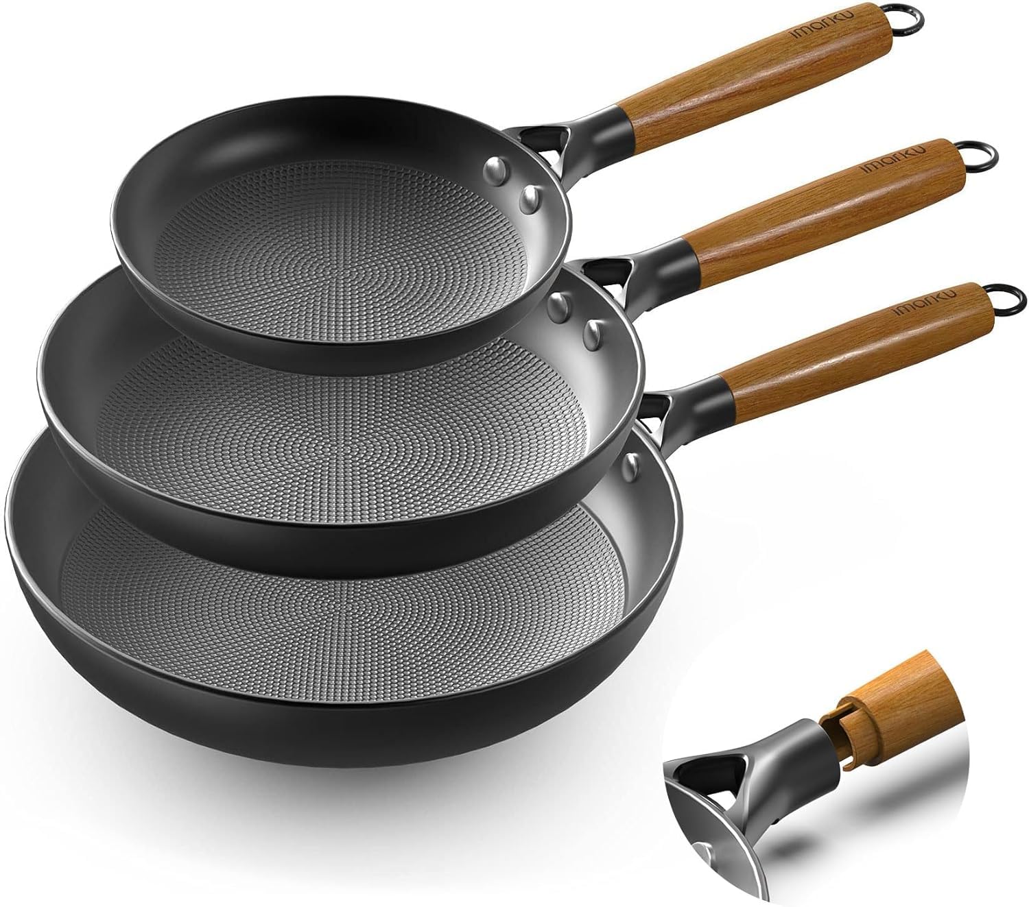 **Imarku Non-Stick Cast Iron Skillets - 8, 10 & 12 Inch Professional Frying Pan Set | Dishwasher Safe, Detachable Handle | Perfect for Home Cooking, Camping & Gifts for Women & Men**