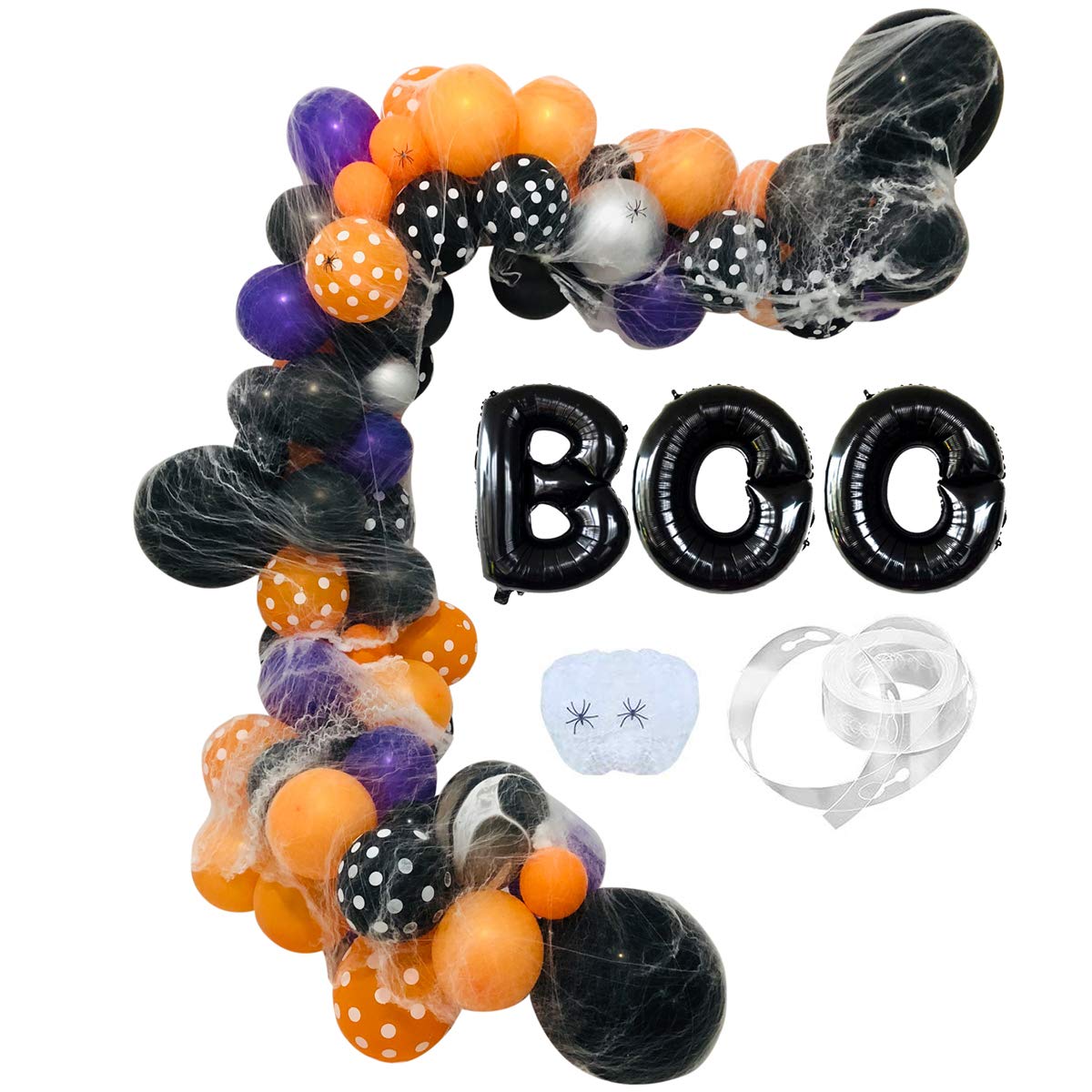 Halloween Balloons Garland DIY Kit - Crazy Halloween & Birthday Party Decorations with Stretch Spider Webs, BOO Foil & Latex Balloons - Perfect for Kids' Halloween Party, Photo Booth Backdrop & Spooky Home Decor