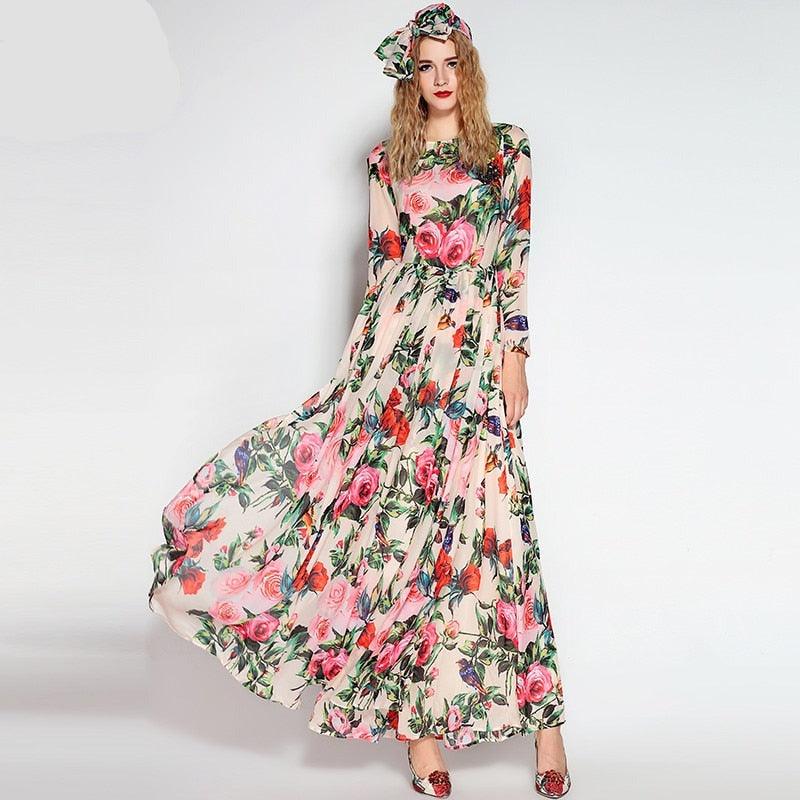 Elegant Sequined Beaded Rose Floral Print Maxi Dress with Scarf - Women's Long Evening Gown for Parties, Weddings & Special Occasions