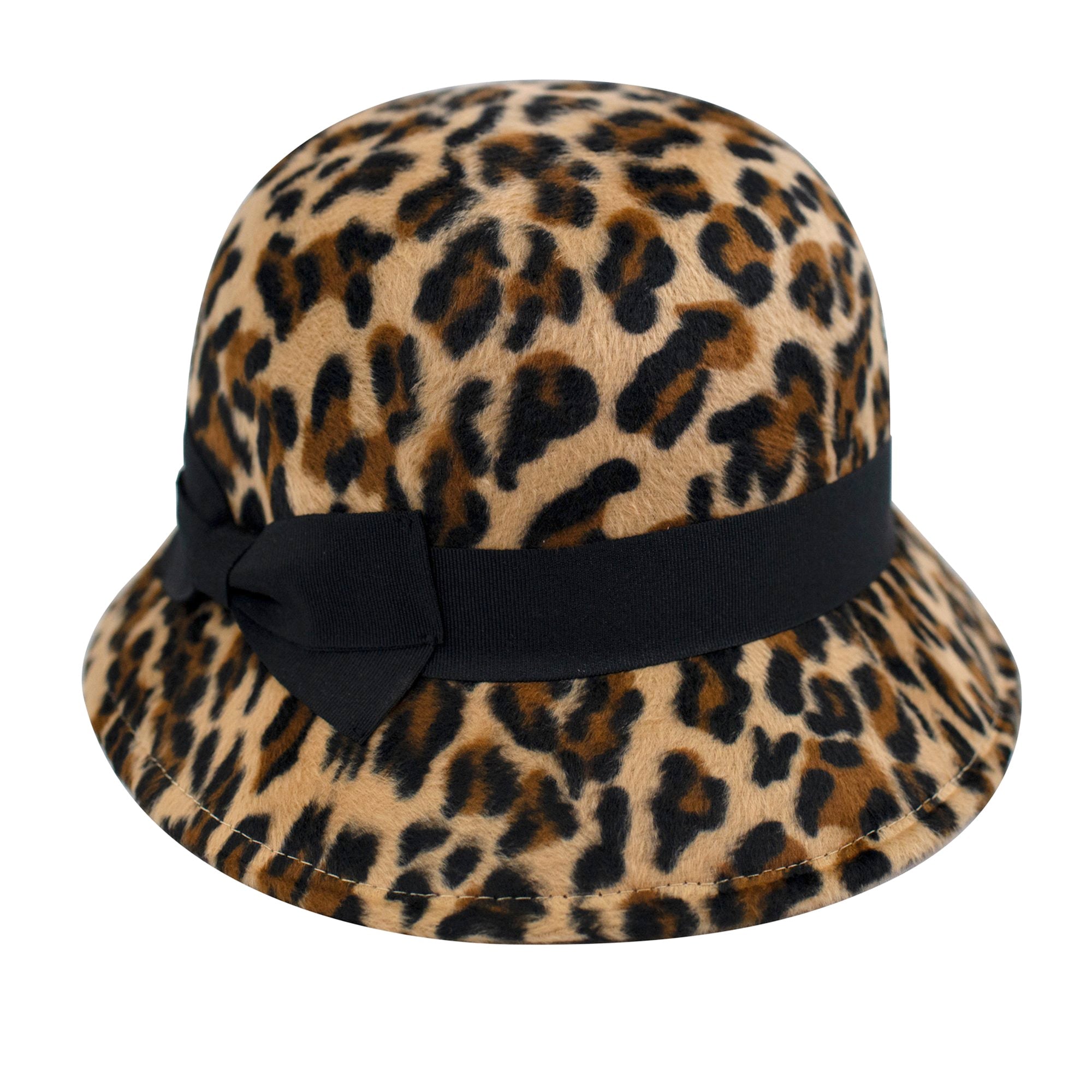 Women's Faux Wool Felt Leopard Print Cloche Hat with Grosgrain Bow - Vintage Style Winter Hat for Cold Weather & Fashion Outfits