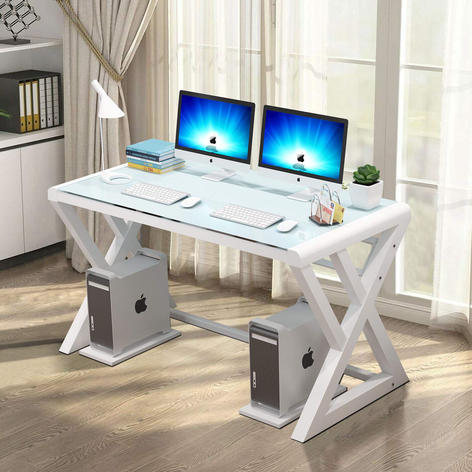 Modern Black & White Glass Top Computer Desk with Metal Frame - 55.1 Inch Home Office Desk for Work, Study & Gaming - Perfect for Small Spaces, Remote Work & Gaming Setups