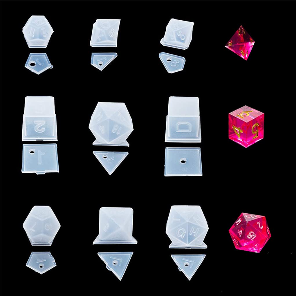 FineInno 9Pcs Silicone Resin Dice Molds - Digital Number Epoxy Casting Molds for DIY Crafting, Tabletop RPG, D&D, Board Games - Perfect for DIY Families & Polyhedral Dice Making