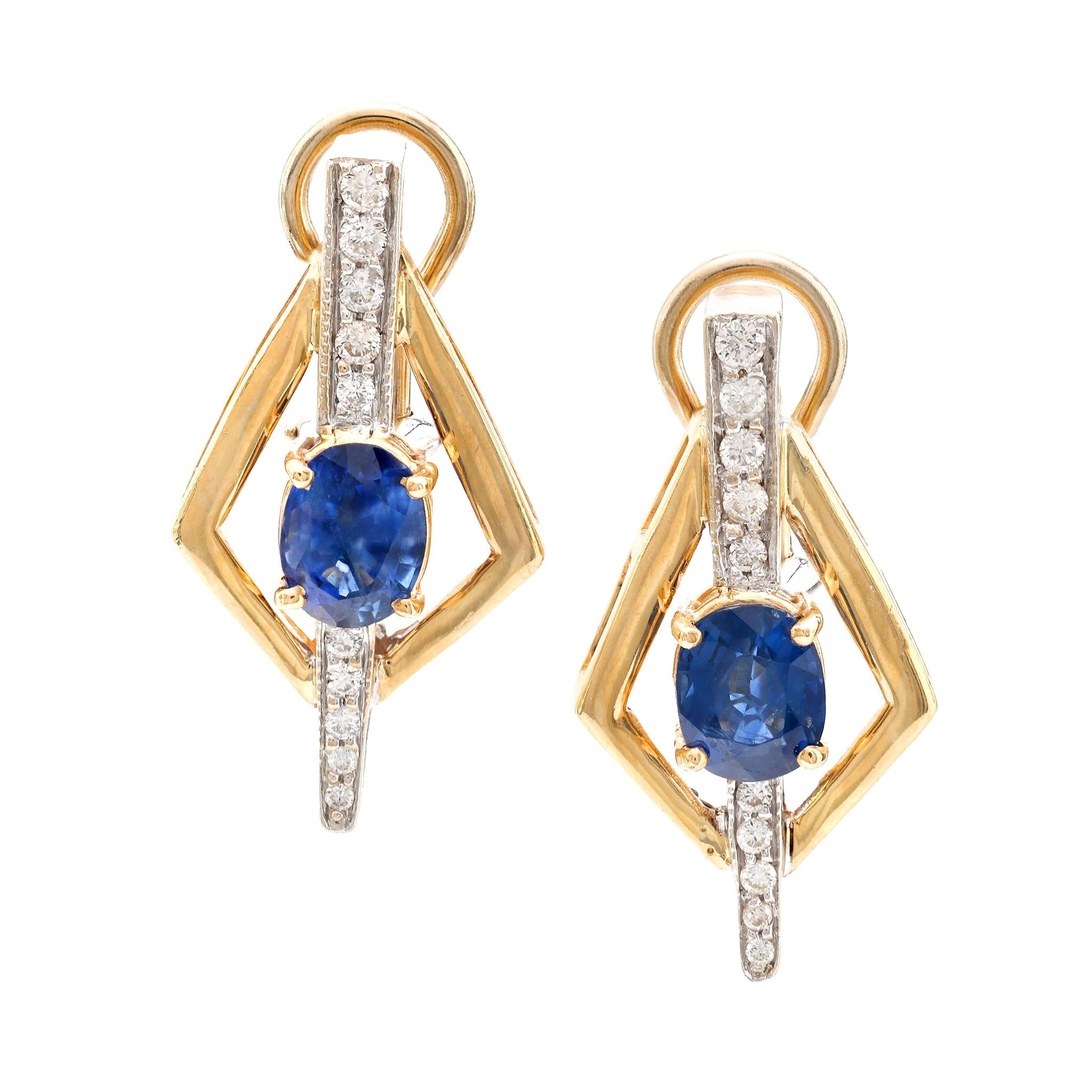 Vintage 3.20 Carat Sapphire and Diamond 14K Gold Earrings for Women - Elegant Dangle Drop Earrings for Wedding, Party & Special Occasions