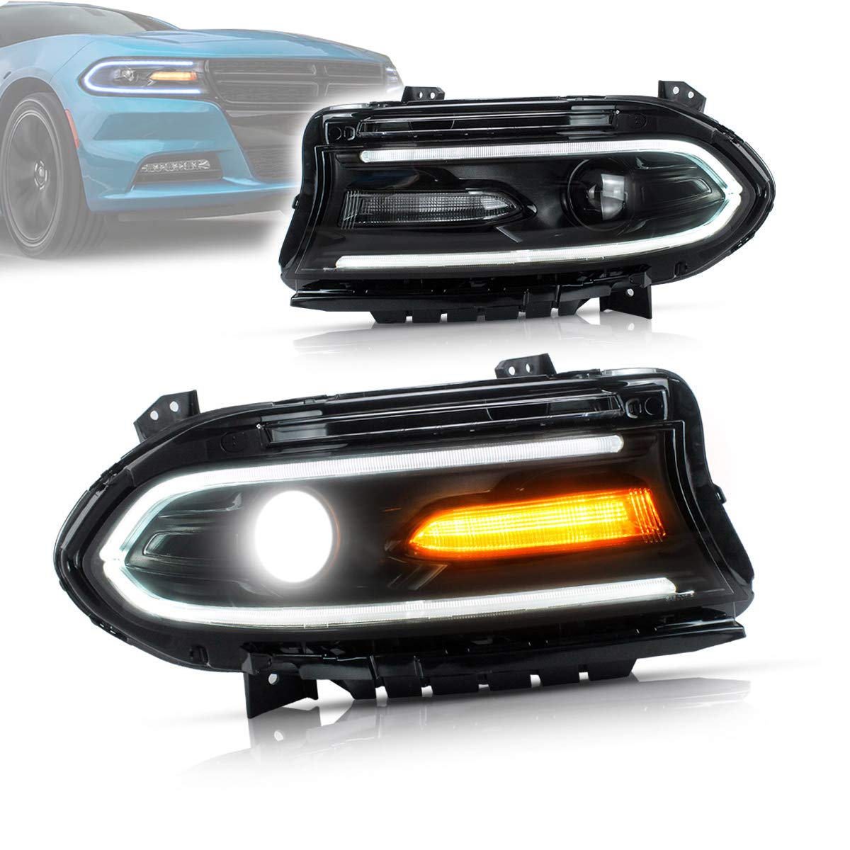 YUANZHENG LED Projector Headlights Assembly for Dodge Charger 2015-2019 - Dual Beam Lens with DRL - YAA-CHR-2033 - Upgrade Your Night Driving Safety & Style