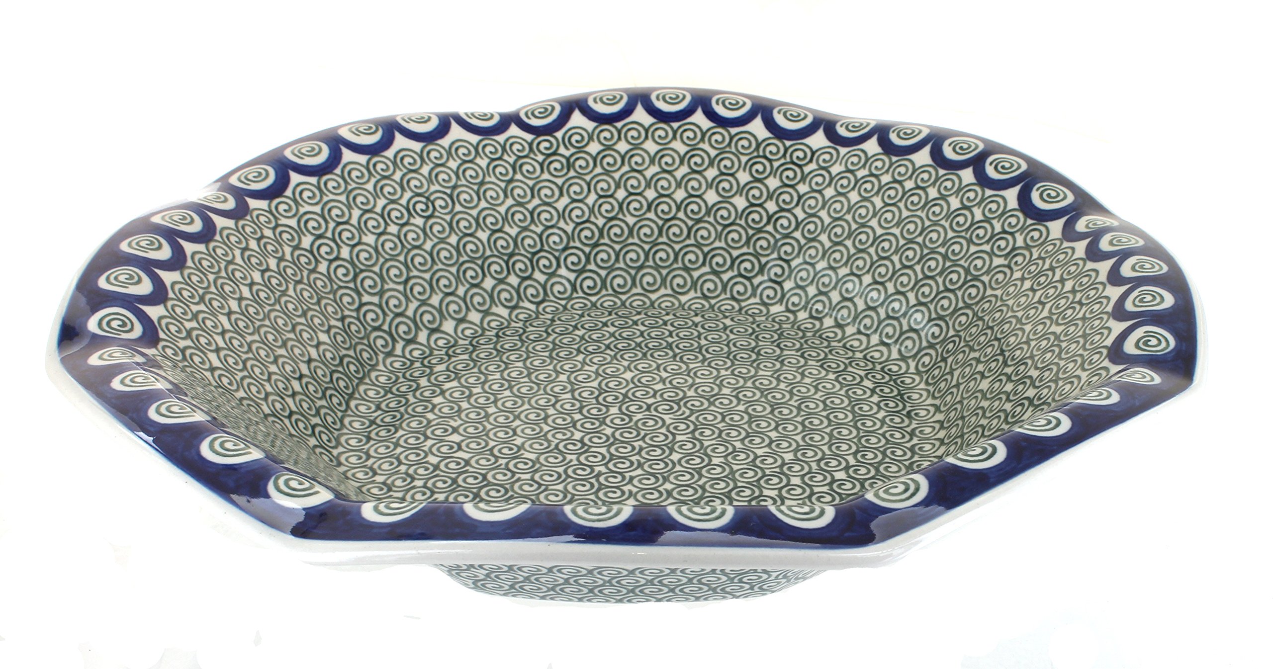 Handmade Blue Rose Polish Pottery Peacock Swirl Large Round Fluted Bowl - Elegant Serving Dish for Salads, Fruits & Home Decor