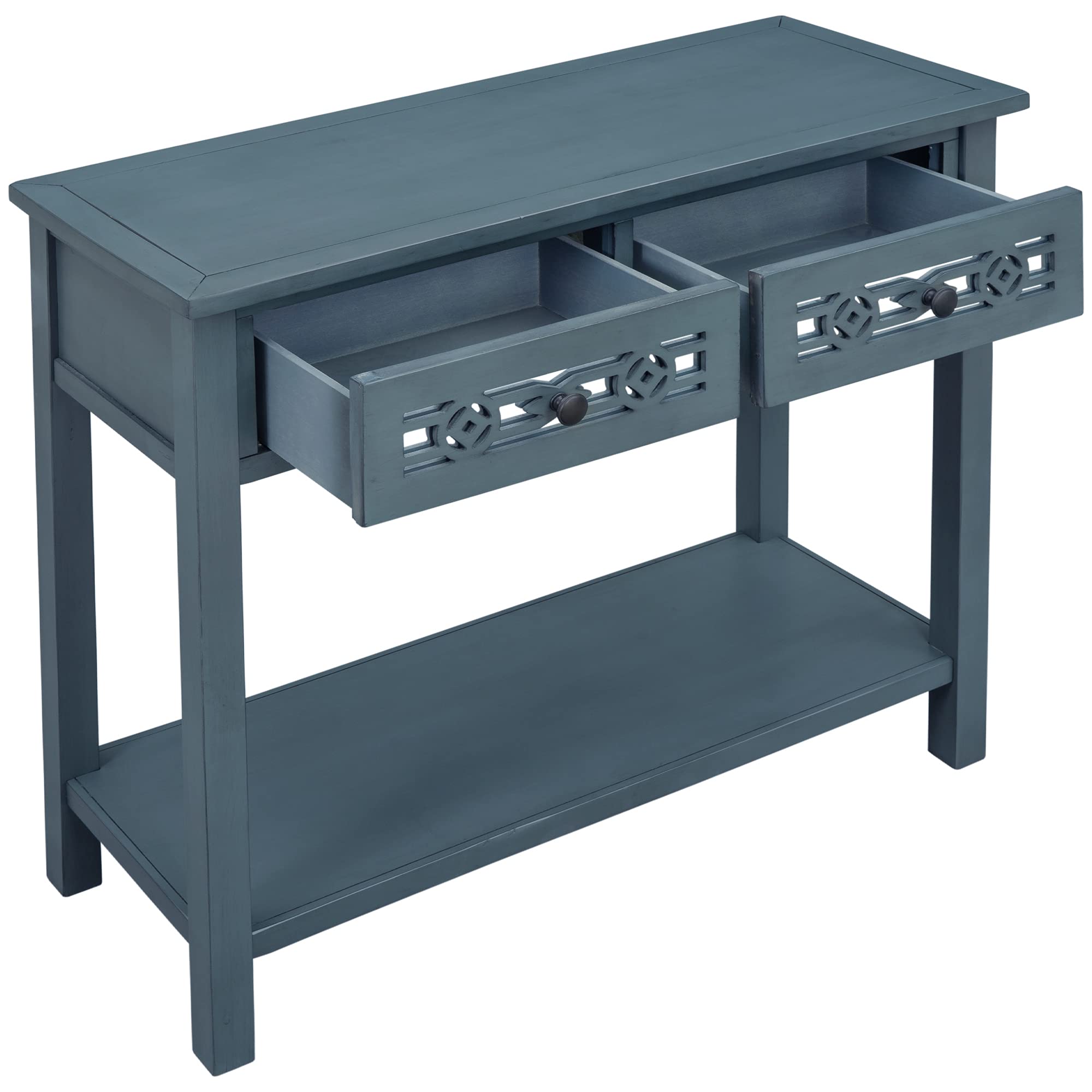 Classic Wood Console Table with Hollow-Out Design, 2 Drawers & Open Shelf - Navy Blue | Entryway, Hallway & Living Room Furniture for Home Decor