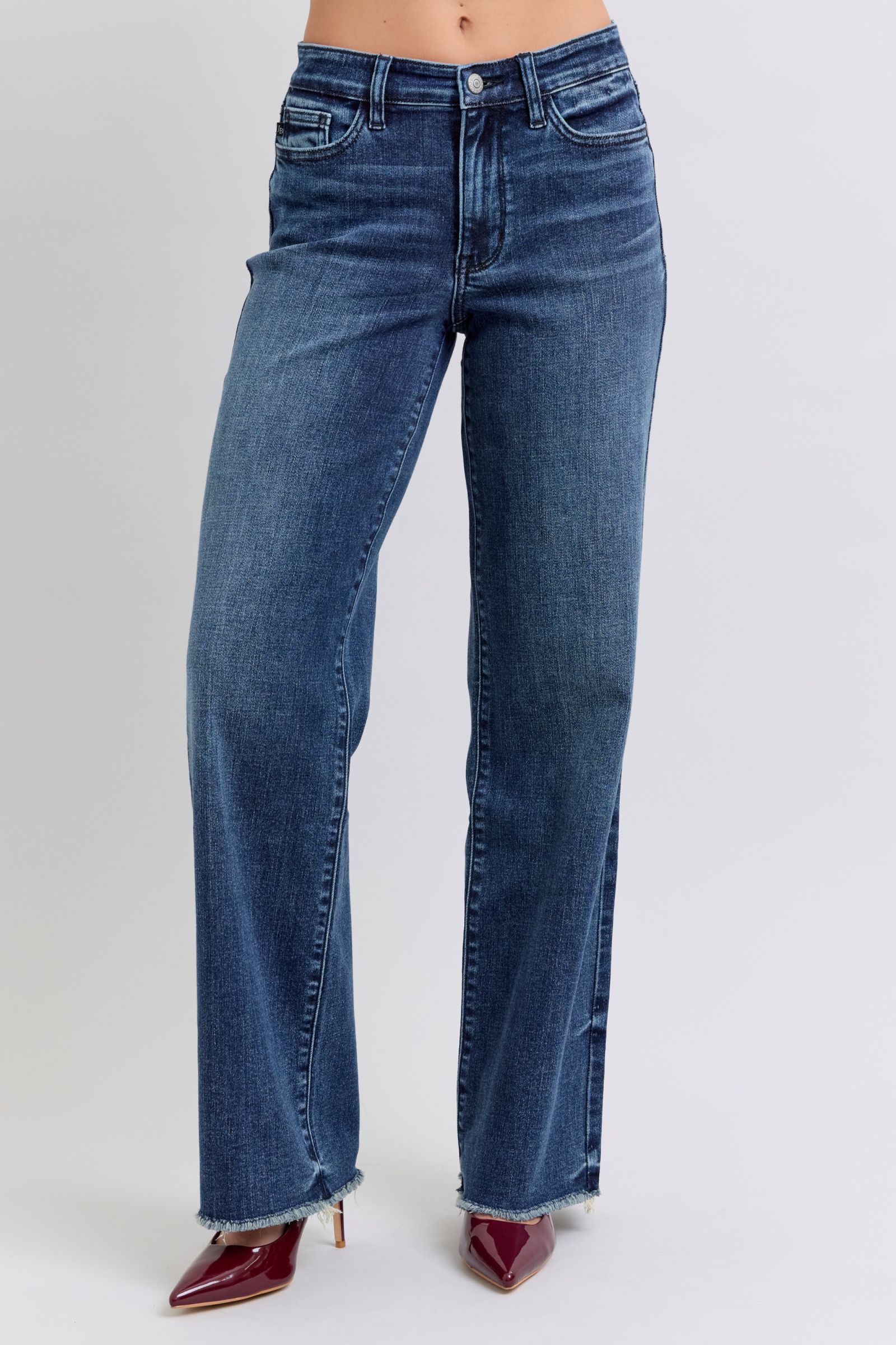 Judy Blue Women's Full Size Raw Hem Mid Rise Jeans - Comfortable Stretch Denim for Casual Wear & Everyday Outfits