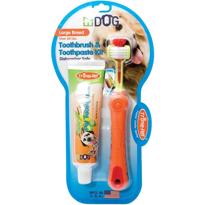 Triple Pet EZDog Toothbrush & Toothpaste Kit for Large Breeds - Dental Care Set for Dogs, Freshens Breath & Removes Plaque - Perfect for At-Home Dog Teeth Cleaning & Oral Hygiene Routine