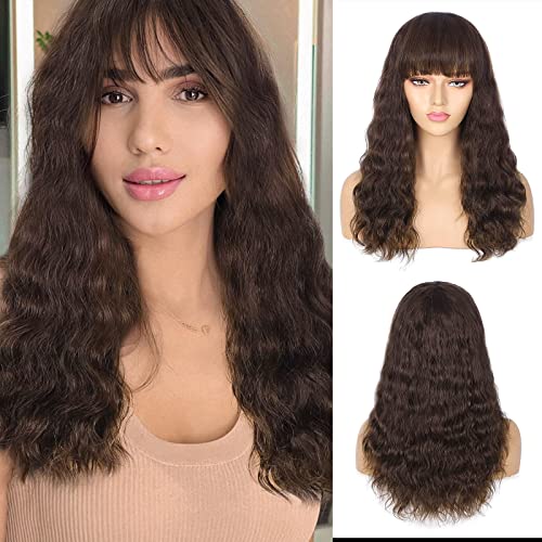 FAVE 18 Inch Brazilian Virgin Human Hair Wig - Natural Wave with Bangs for Women (Reddish Brown #4) | 130% Density Curly Human Hair Wig for Daily Wear, Parties & Special Occasions