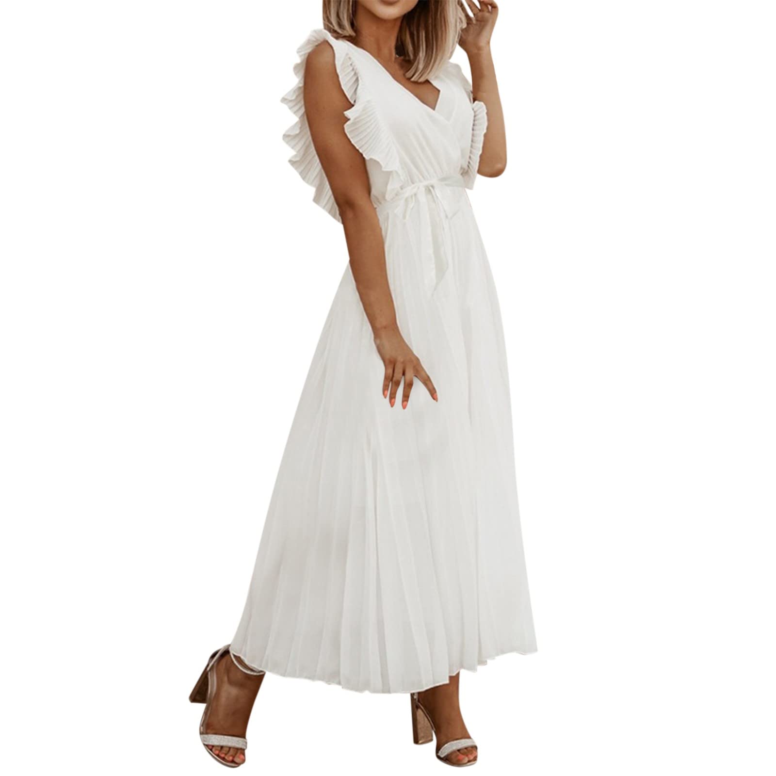 2022 Women's Summer & Spring Elegant Flounce Strap V-Neck Pleated Dress - Casual & Party Wear for Women