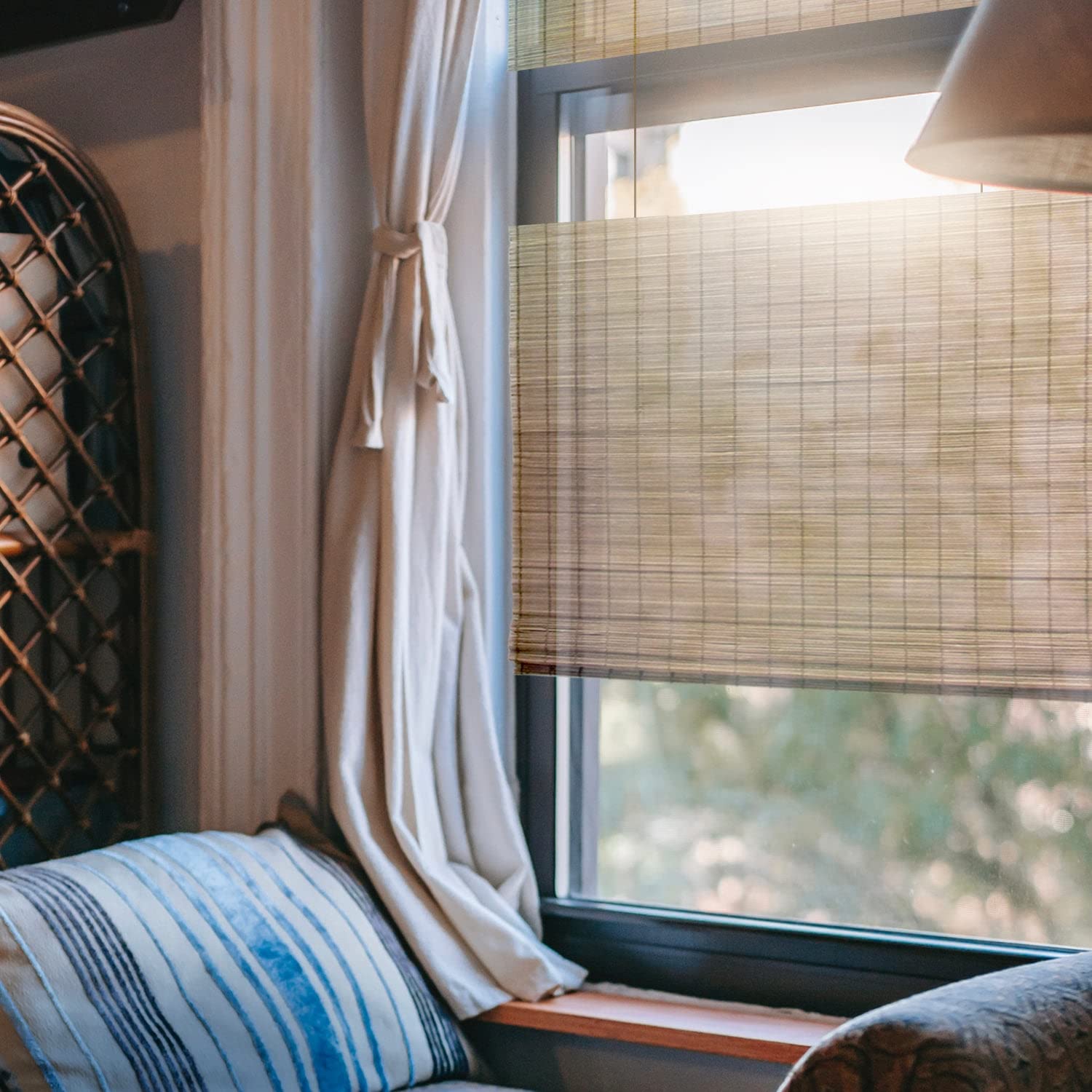 Custom Bamboo Roman Shades - Cordless Top Down Bottom Up Modern Window Treatment | Natural Woven Sheer Fabric | 48.5