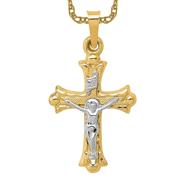 14K Solid Two Tone Gold Jesus Christ Crucifix Cross Necklace - Religious Pendant Charm for Women & Men - Perfect for Church, Baptism, First Communion & Gifts