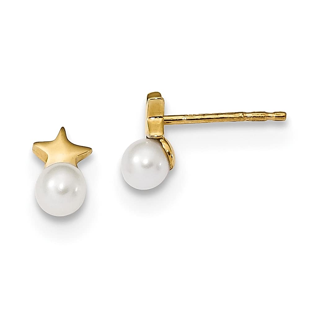 14K Yellow Gold Freshwater Cultured Pearl Star Post Stud Earrings - Elegant Ball Button Celestial Jewelry for Women | Perfect Birthday, Anniversary & Valentine's Day Gifts for Her | Office, Party & Wedding Accessories