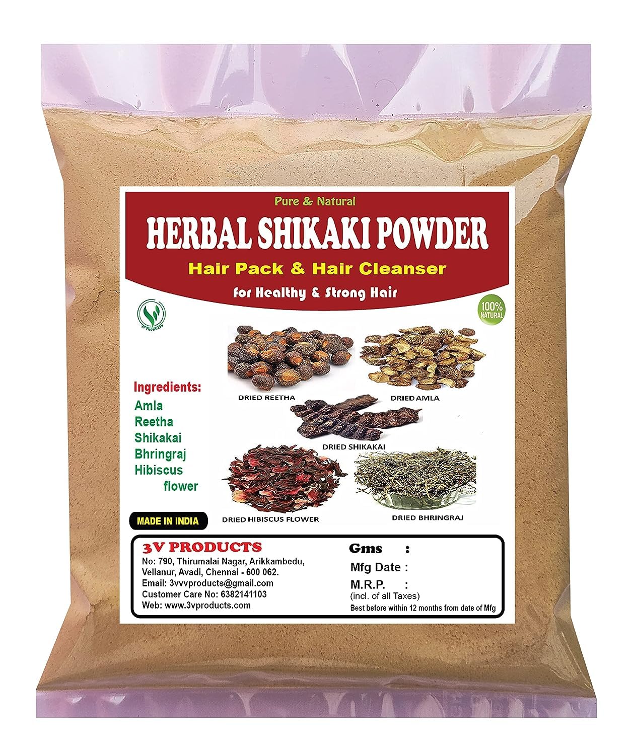 3V PRODUCTS Herbal Shikakai Powder 100g with Amla, Reetha, Bhringraj & Hibiscus for Hair Growth - Natural Hair Cleanser & Strengthening Treatment for Men & Women - Perfect for DIY Hair Masks & Scalp Care at Home