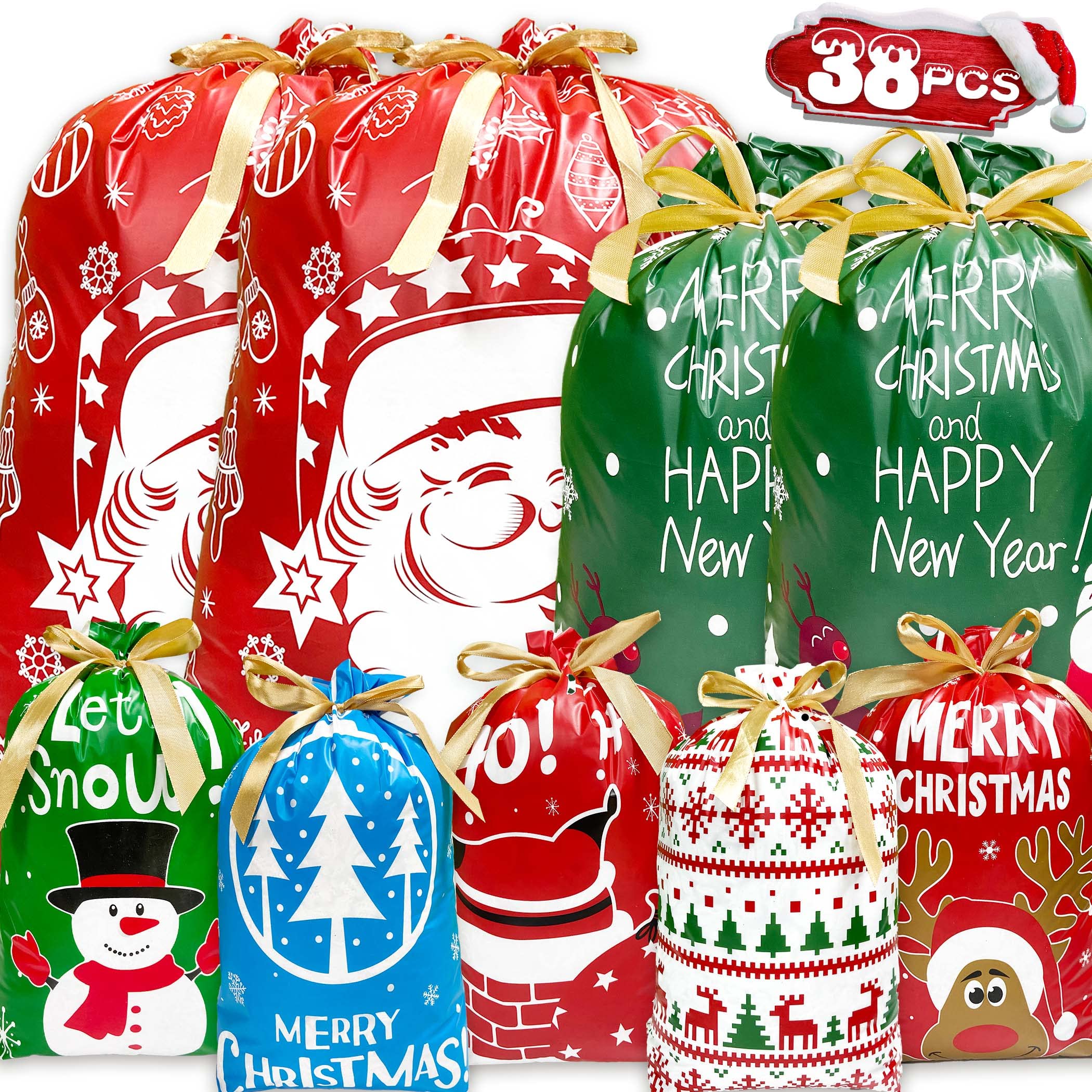 Funnlot 38PCS Christmas Drawstring Gift Bags - Assorted Sizes (3 Sizes & 7 Designs) for Holiday Presents, Party Favors & Stocking Stuffers - Perfect for Wrapping Gifts, Secret Santa & Festive Celebrations