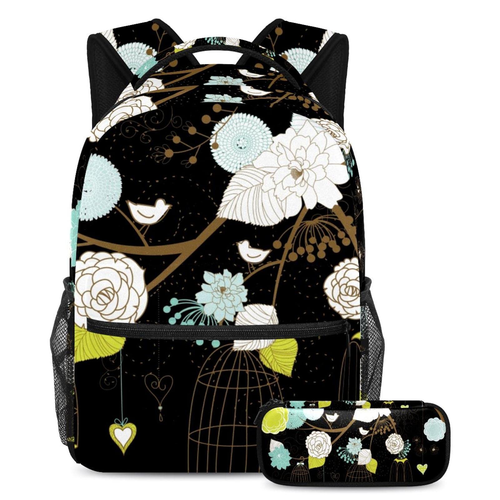 Stylish Lovebird Bird Cage Design School Backpack for Girls & Boys - Durable Backpack with Pencil Bag Set - Perfect for School, Travel & Daily Use