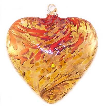 Hand Blown Glass Heart Ornament with Fire Design - Perfect for Christmas Tree Decorations, Home Décor, and Gift Giving