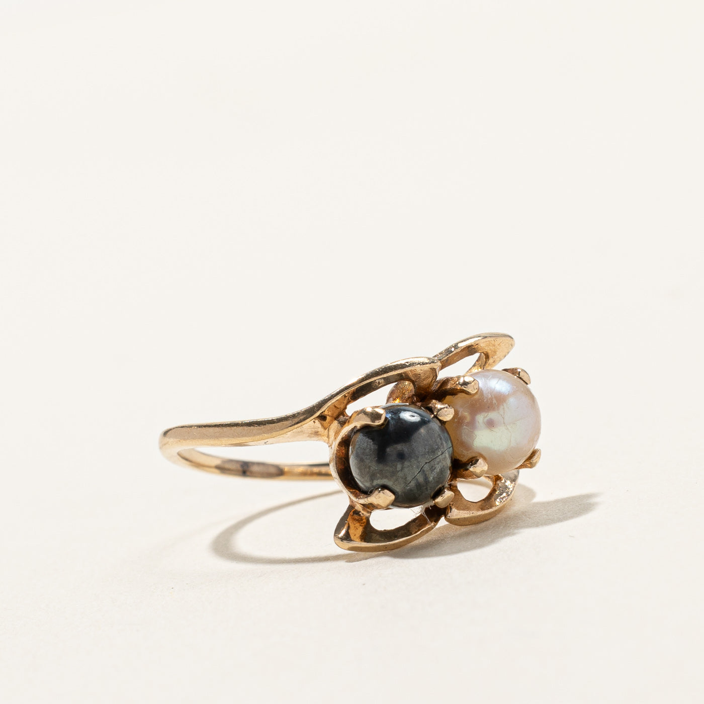 Bypass Pearl & Hematite Ring for Women - Size 5.5 - Elegant Stackable Jewelry for Everyday Wear, Gift Giving & Special Occasions
