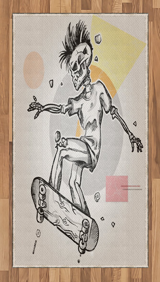 Ambesonne Skull Area Rug - Punk Rocker Skeleton Skateboard Design with Abstract Background, Non-Slip Flat Woven Accent Rug 2'6