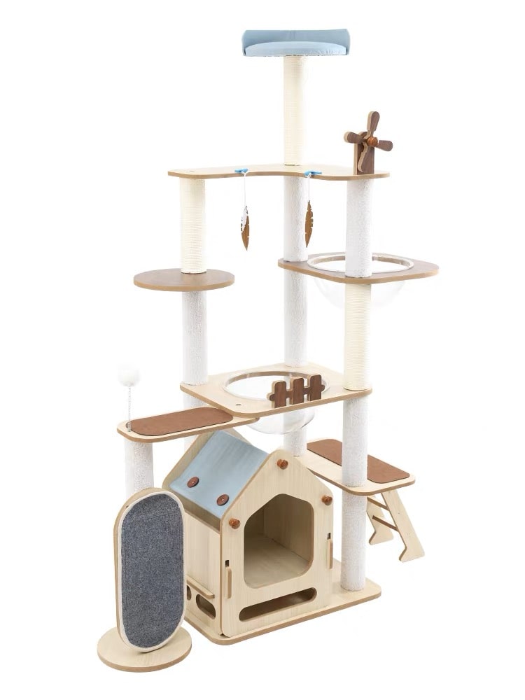 167cm Tall Windmill Cat Tree with Space Capsule - Multi-Level Wooden Cat Tower for Large Cats - Perfect for Indoor Play, Climbing, Scratching & Napping