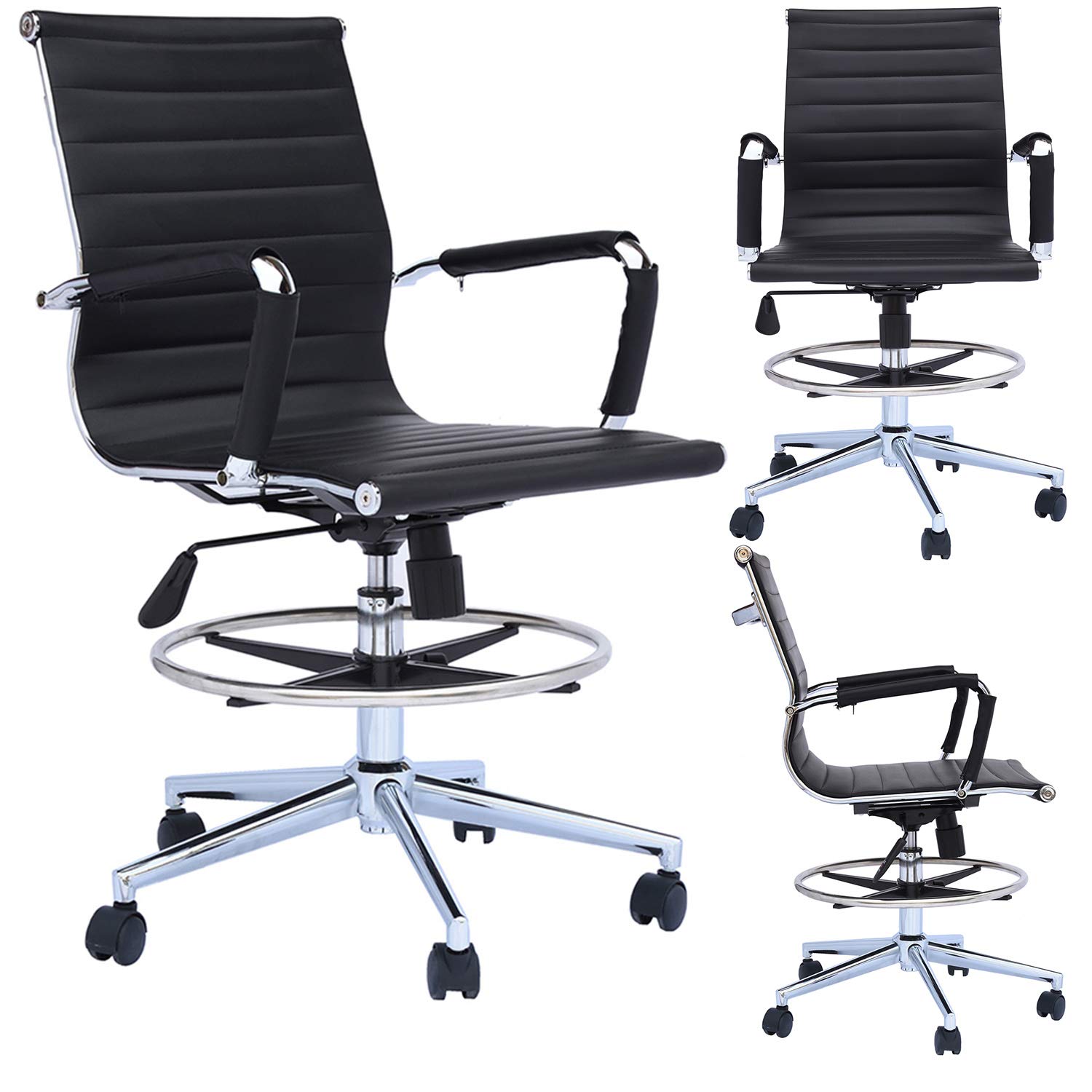2xhome - Modern Ergonomic PU Leather Mid Back Office Chair with Chrome Armrests, Footrest & Tilt Function - Rolling Swivel Desk Chair for Home Office, Drafting & Computer Work (Black)