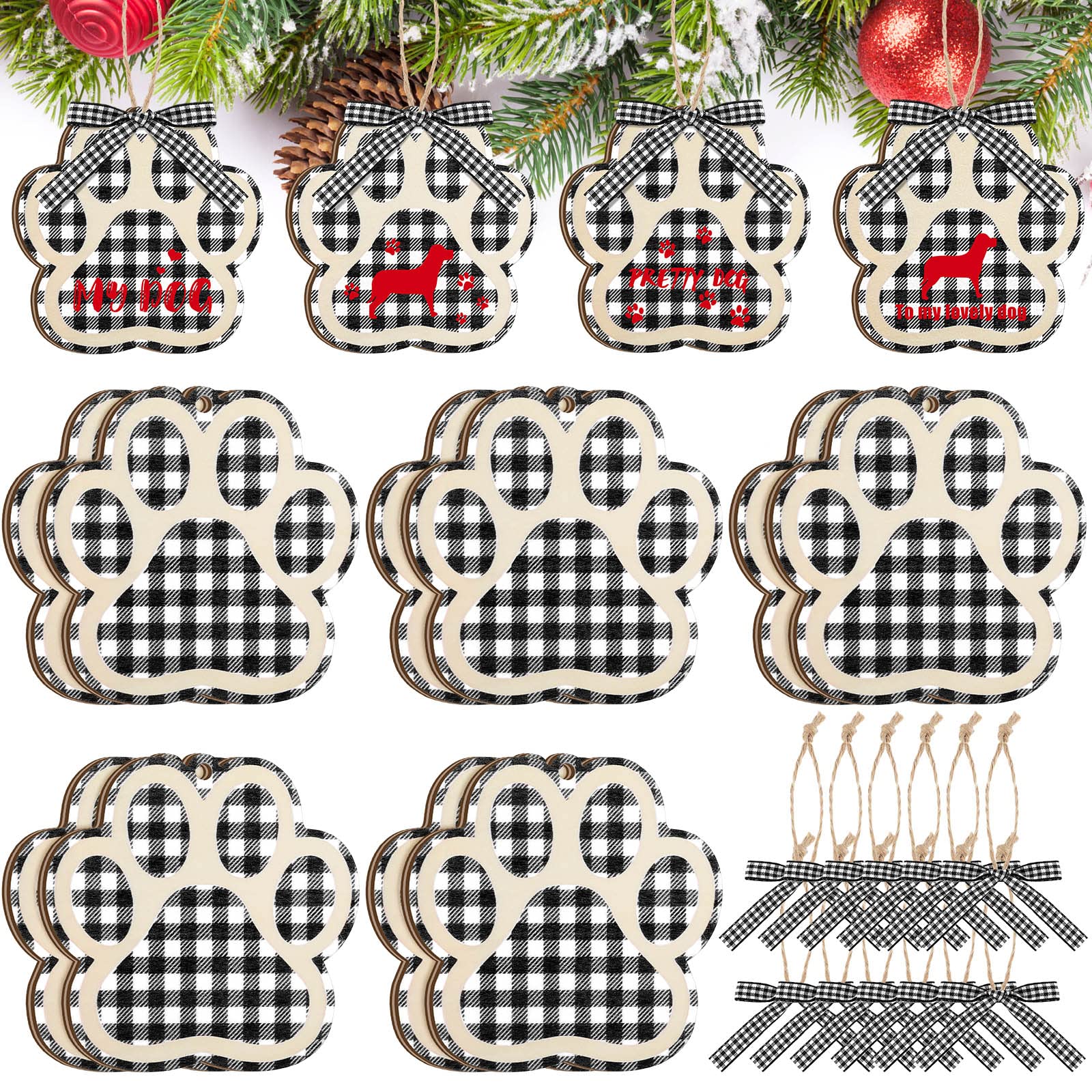 Personalized Wooden Dog Paw Ornaments - 12 Pcs Christmas Pet Decor with Bow Ties & Ropes - Custom Dog Bone Paw Print Hanging Decorations for Holiday Tree (Black & White) - Perfect for Pet Lovers' Christmas Gifts & Festive Home Decor