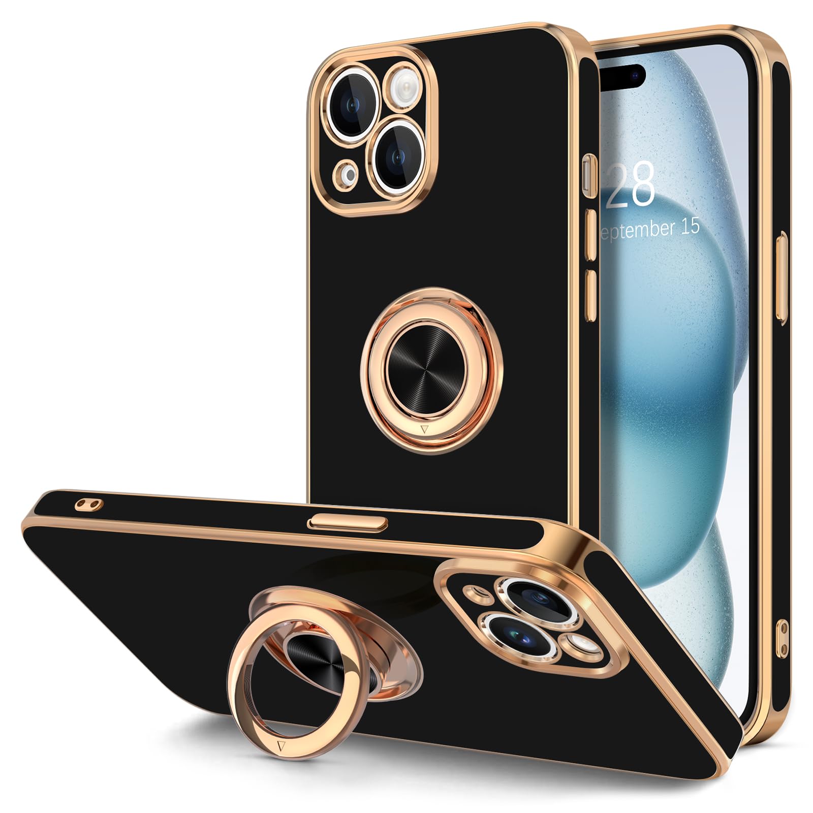 Premium Magnetic iPhone 15 Case with 360° Rotatable Ring Stand - Rose Gold Plated Luxury Protective Cover for iPhone 15 6.1