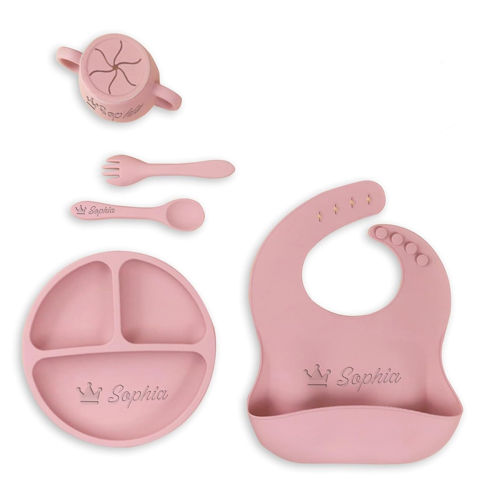 Personalized Silicone Baby Feeding Set - Custom Snack Cup with Lid, Adjustable Silicone Bibs, Soft Spoon & Fork - Ideal for Baby Weaning, Birthday Gifts & Travel - BPA-Free Divided Tableware Set for Toddlers 6-24 Months